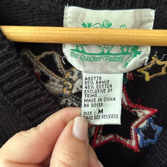 Quacker Factory Cardigan Womens Medium Black Knit Sweater Angels Miracles VTG - Picture 5 of 7